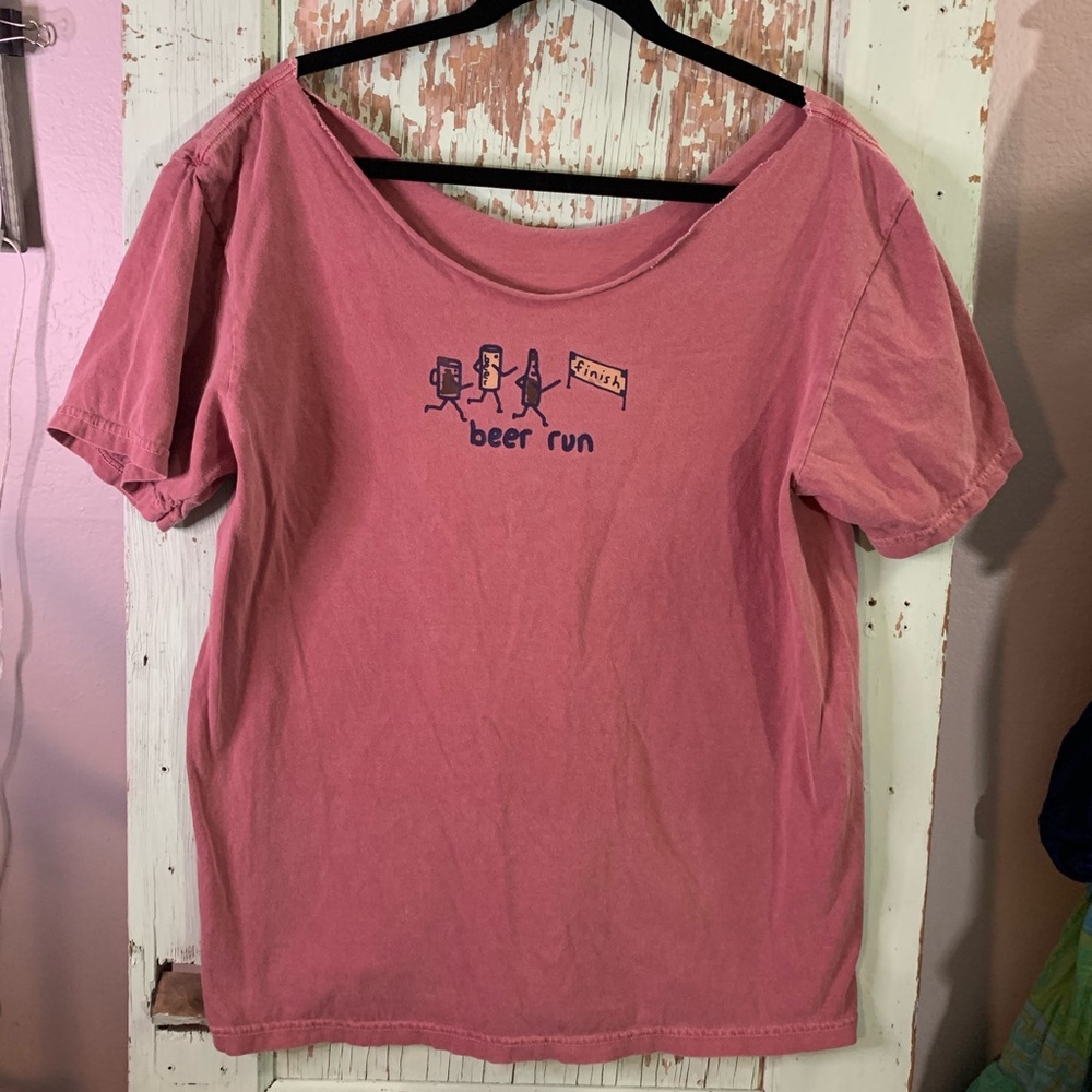 Women’s modified “beer run” cartoon t shirt with cut out neck line no brand